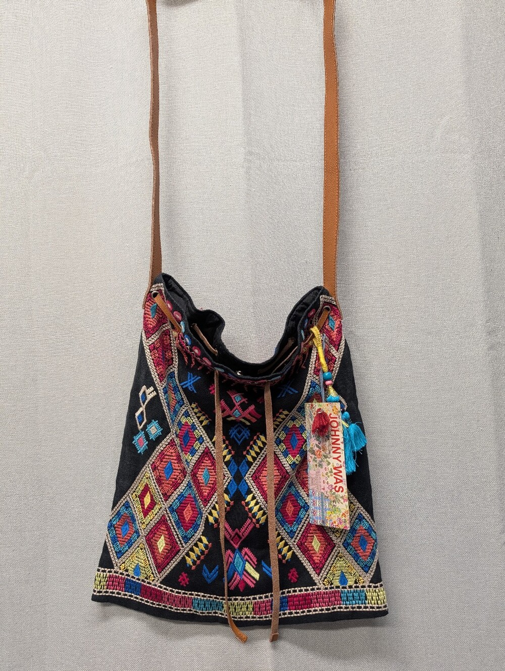 Johnny Was Black Geometric Embroidered Shoulder Crossbody Bag with Drawstring